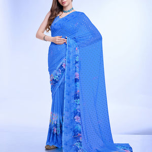 Blue Poly Chiffon Festival Saree With Blouse Piece