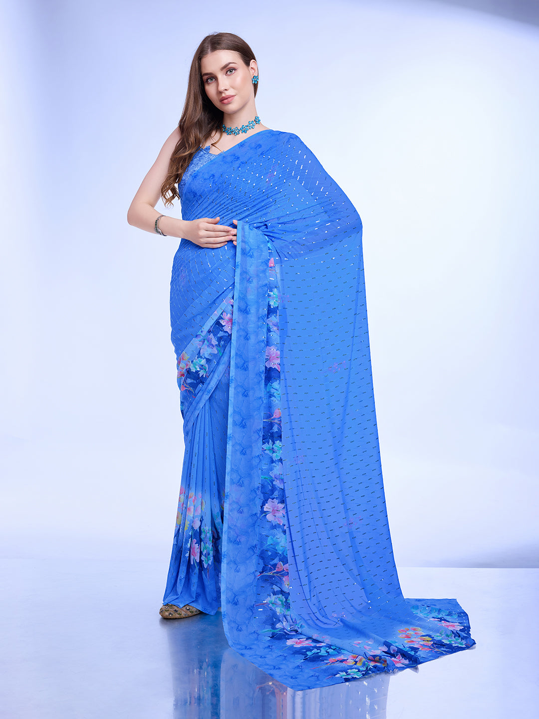 Blue Poly Chiffon Festival Saree With Blouse Piece