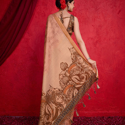 Peach Poly Silk Festival Saree With Blouse Piece