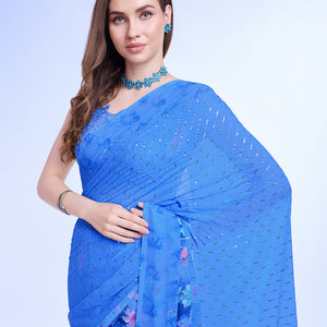 Blue Poly Chiffon Festival Saree With Blouse Piece