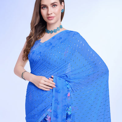 Blue Poly Chiffon Festival Saree With Blouse Piece