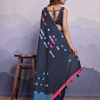 Grey Silk Blend Daily Wear Saree With Blouse Piece
