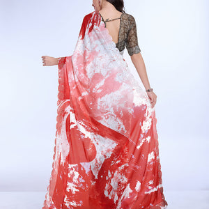 Red Poly Chiffon Festival Saree With Blouse Piece