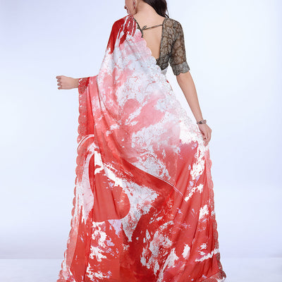 Red Poly Chiffon Festival Saree With Blouse Piece
