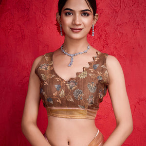 Peach Poly Silk Festival Saree With Blouse Piece