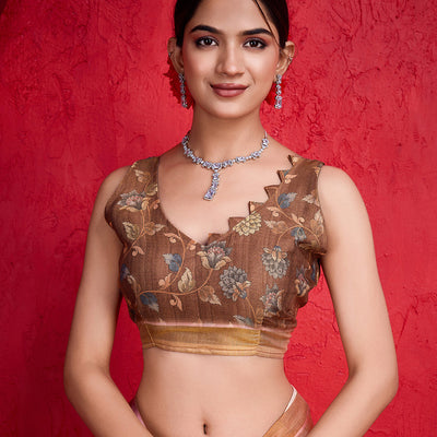 Peach Poly Silk Festival Saree With Blouse Piece