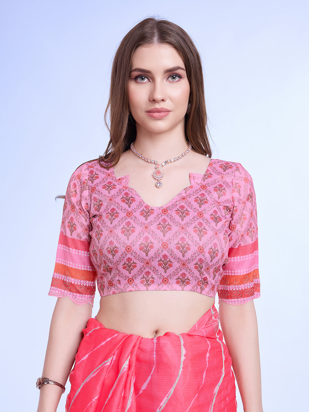 Pink Poly Chiffon Festival Saree With Blouse Piece