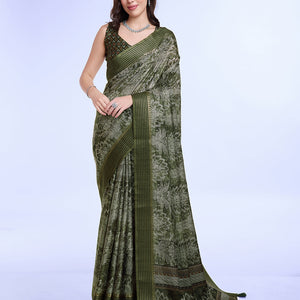 Mehndi Poly Silk Daily Wear Saree With Blouse Piece