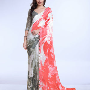 Peach Poly Chiffon Festival Saree With Blouse Piece