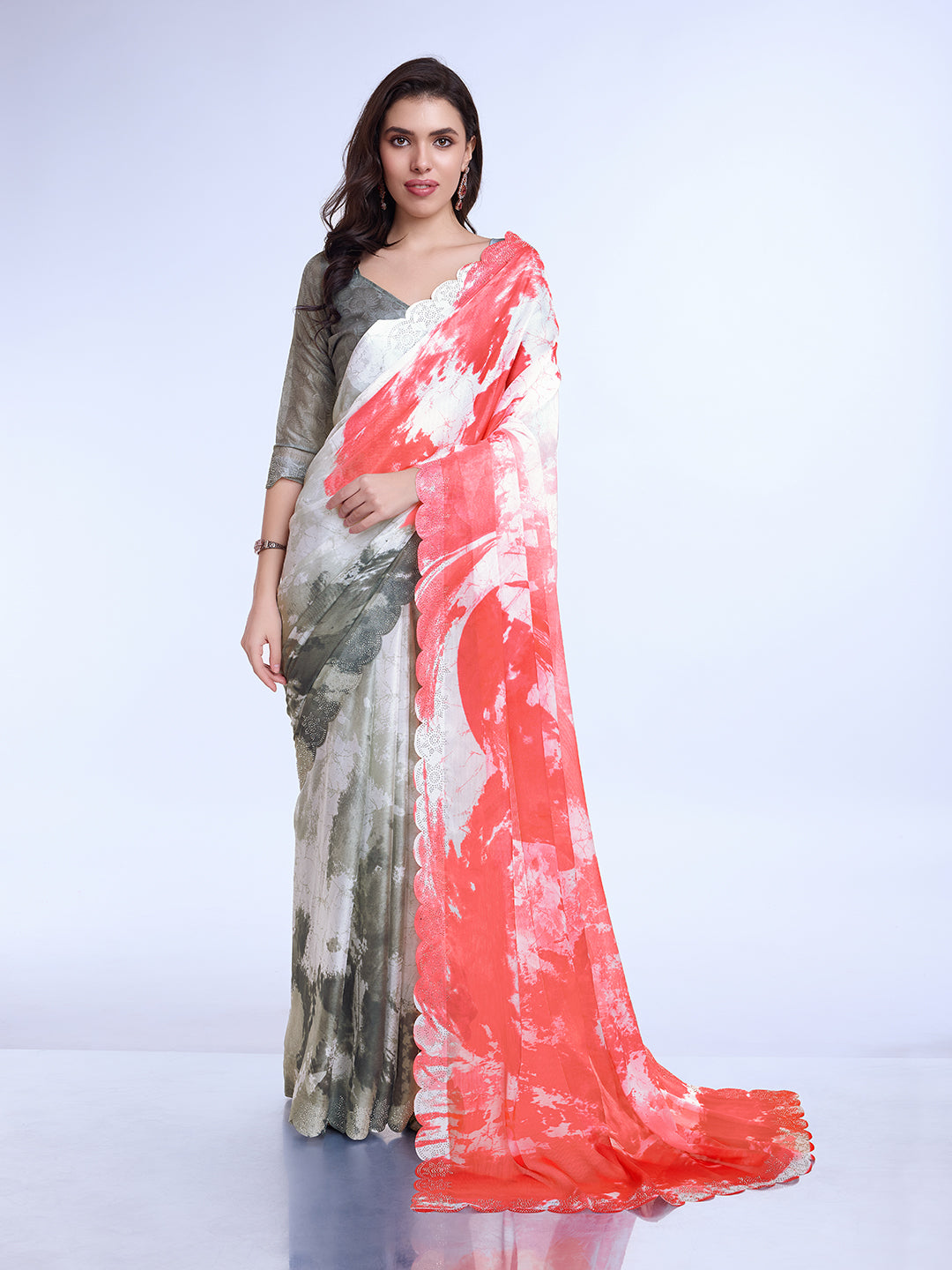 Peach Poly Chiffon Festival Saree With Blouse Piece