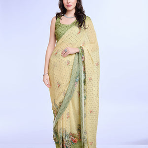 Green Poly Chiffon Festival Saree With Blouse Piece