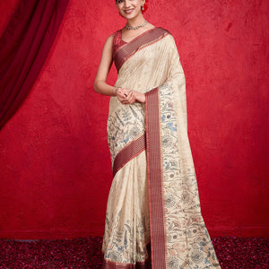 Cream Poly Silk Festival Saree With Blouse Piece