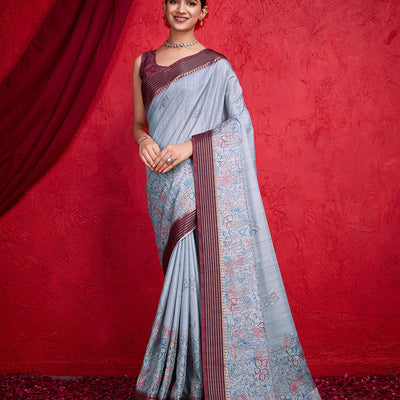 Grey Poly Silk Festival Saree With Blouse Piece