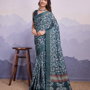 Blue Poly Silk Festival Saree With Blouse Piece