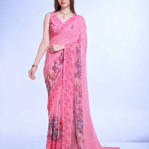 Pink Poly Chiffon Festival Saree With Blouse Piece