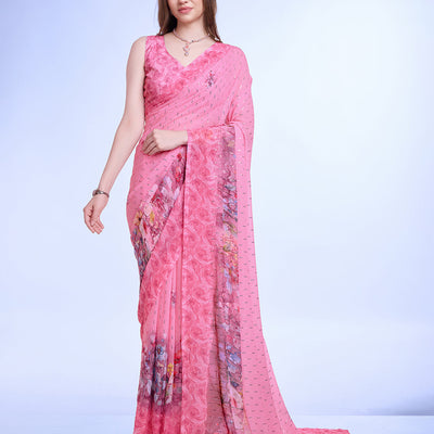 Pink Poly Chiffon Festival Saree With Blouse Piece