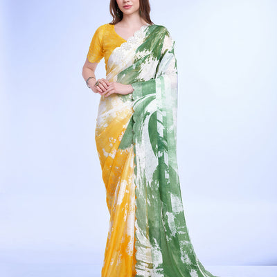 Green Poly Chiffon Festival Saree With Blouse Piece