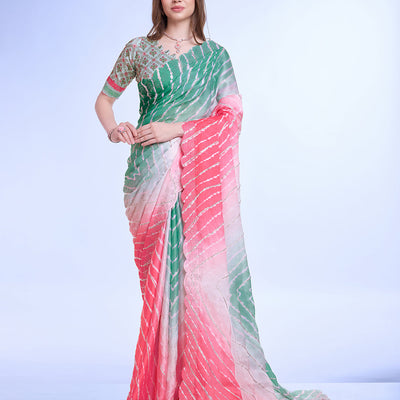 Green Poly Chiffon Festival Saree With Blouse Piece