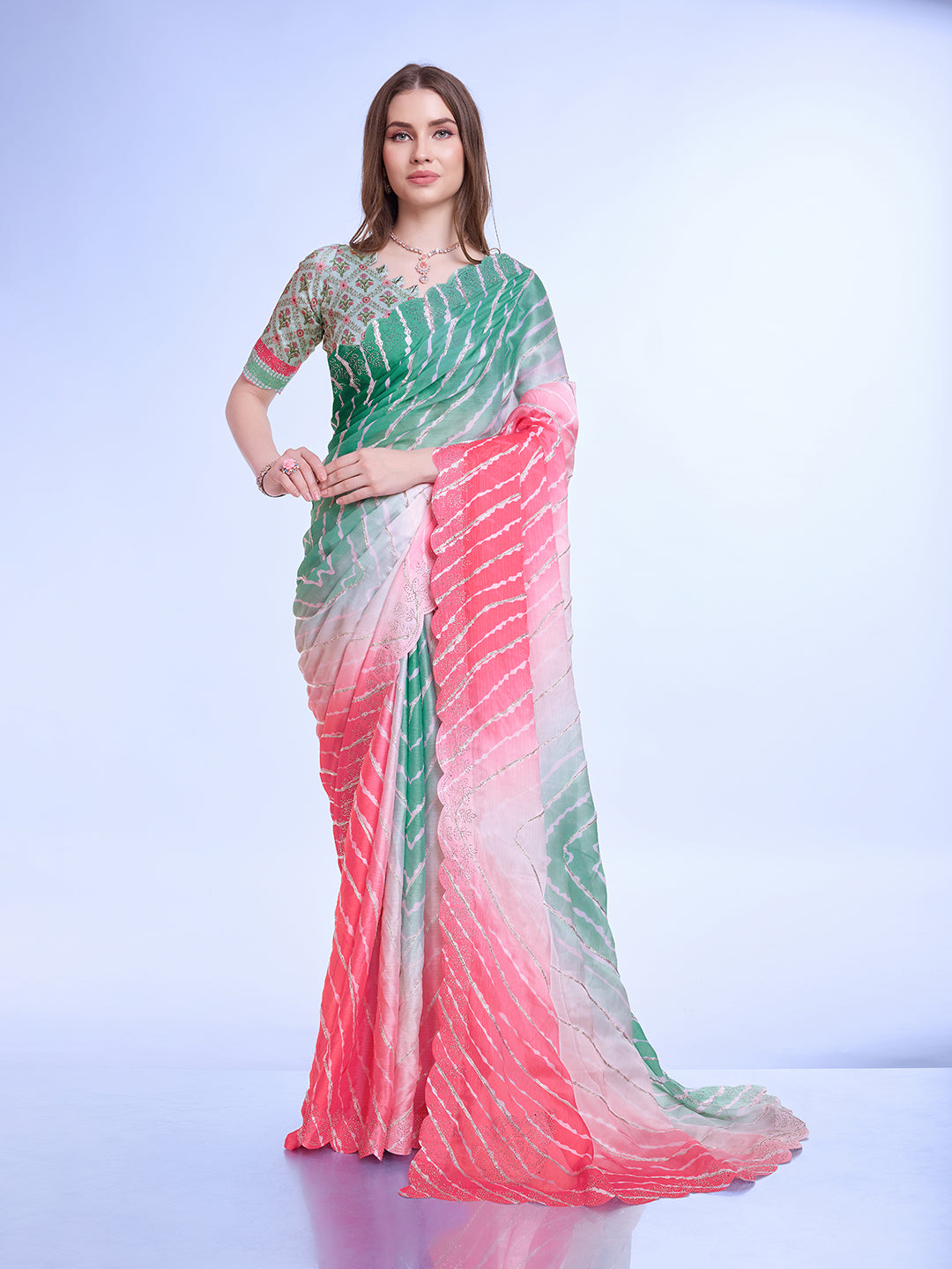 Green Poly Chiffon Festival Saree With Blouse Piece
