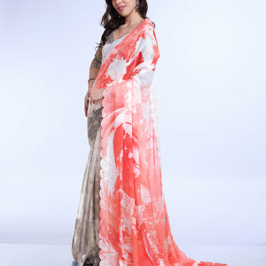 Peach Poly Chiffon Festival Saree With Blouse Piece