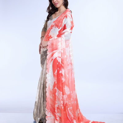 Peach Poly Chiffon Festival Saree With Blouse Piece