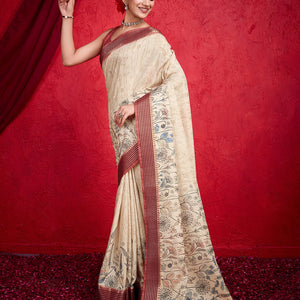Cream Poly Silk Festival Saree With Blouse Piece