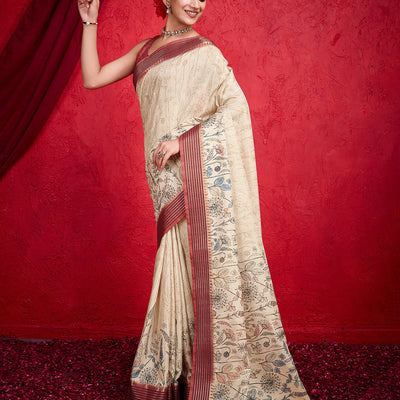 Cream Poly Silk Festival Saree With Blouse Piece