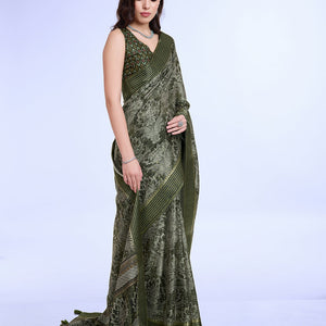 Mehndi Poly Silk Daily Wear Saree With Blouse Piece