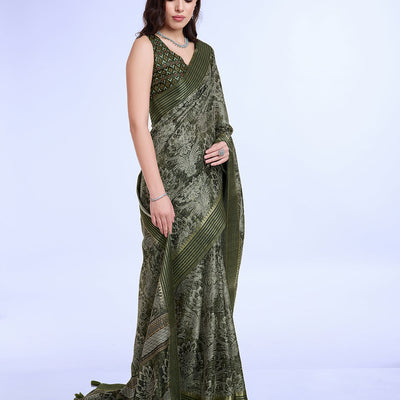 Mehndi Poly Silk Daily Wear Saree With Blouse Piece