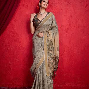 Brown Poly Silk Festival Saree With Blouse Piece
