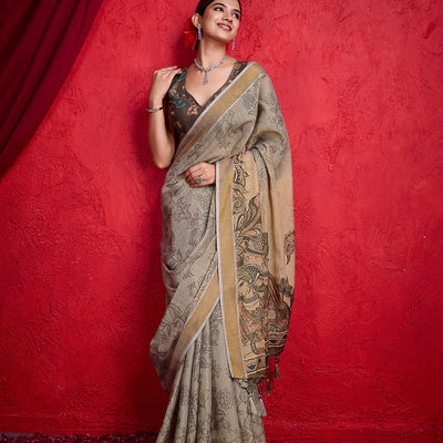Brown Poly Silk Festival Saree With Blouse Piece