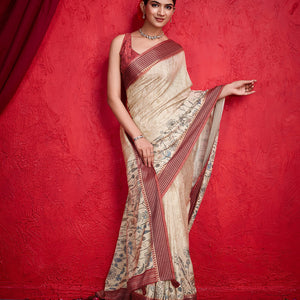 Cream Poly Silk Festival Saree With Blouse Piece