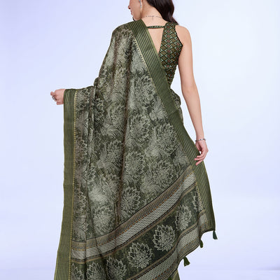 Mehndi Poly Silk Daily Wear Saree With Blouse Piece