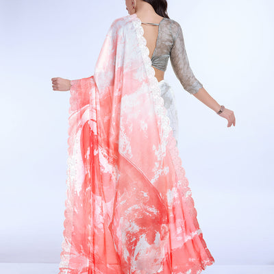 Peach Poly Chiffon Festival Saree With Blouse Piece