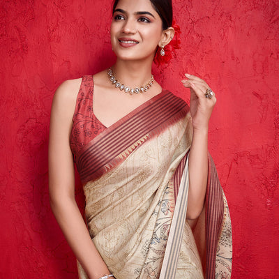 Cream Poly Silk Festival Saree With Blouse Piece