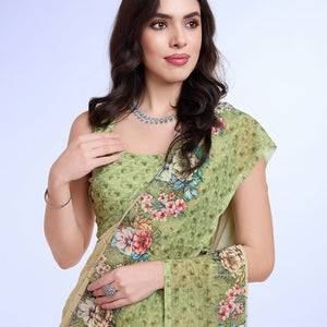 Green Poly Chiffon Festival Saree With Blouse Piece