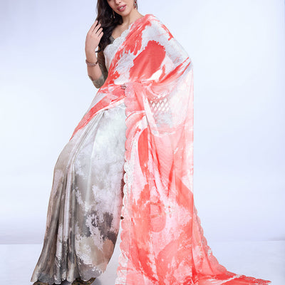 Peach Poly Chiffon Festival Saree With Blouse Piece