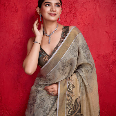 Brown Poly Silk Festival Saree With Blouse Piece
