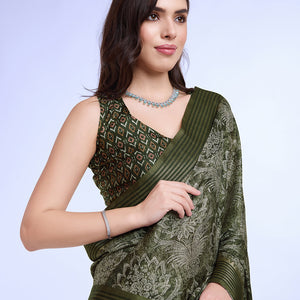 Mehndi Poly Silk Daily Wear Saree With Blouse Piece