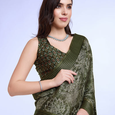 Mehndi Poly Silk Daily Wear Saree With Blouse Piece