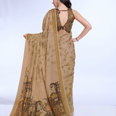 Beige Poly Silk Festival Saree With Blouse Piece
