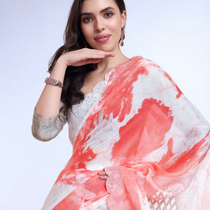Peach Poly Chiffon Festival Saree With Blouse Piece