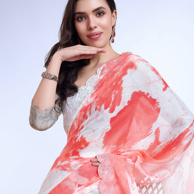 Peach Poly Chiffon Festival Saree With Blouse Piece