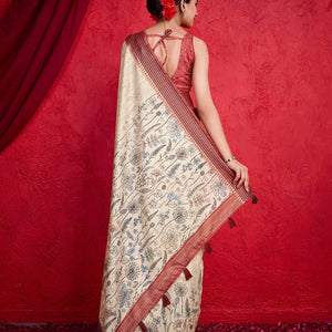 Cream Poly Silk Festival Saree With Blouse Piece