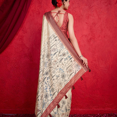 Cream Poly Silk Festival Saree With Blouse Piece