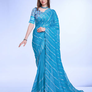 Blue Poly Chiffon Festival Saree With Blouse Piece