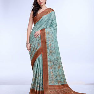Teal Poly Silk Daily Wear Saree With Blouse Piece