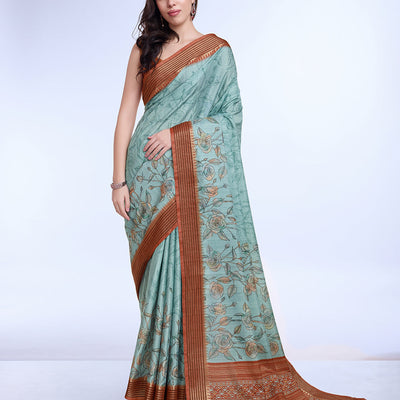 Teal Poly Silk Daily Wear Saree With Blouse Piece