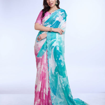 Blue Poly Chiffon Festival Saree With Blouse Piece