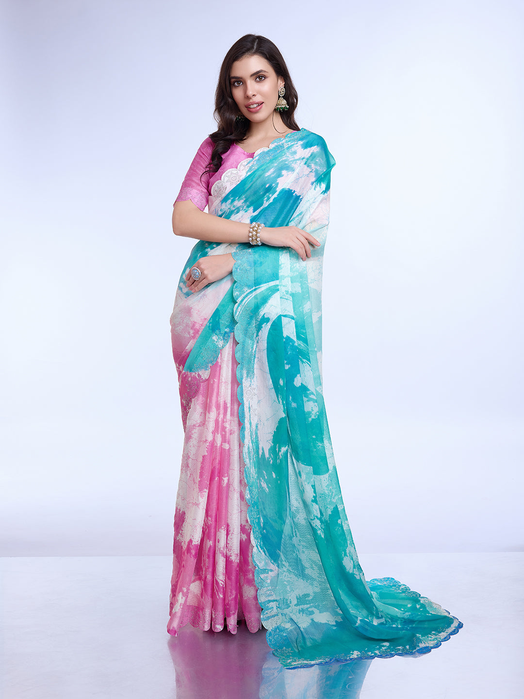 Blue Poly Chiffon Festival Saree With Blouse Piece